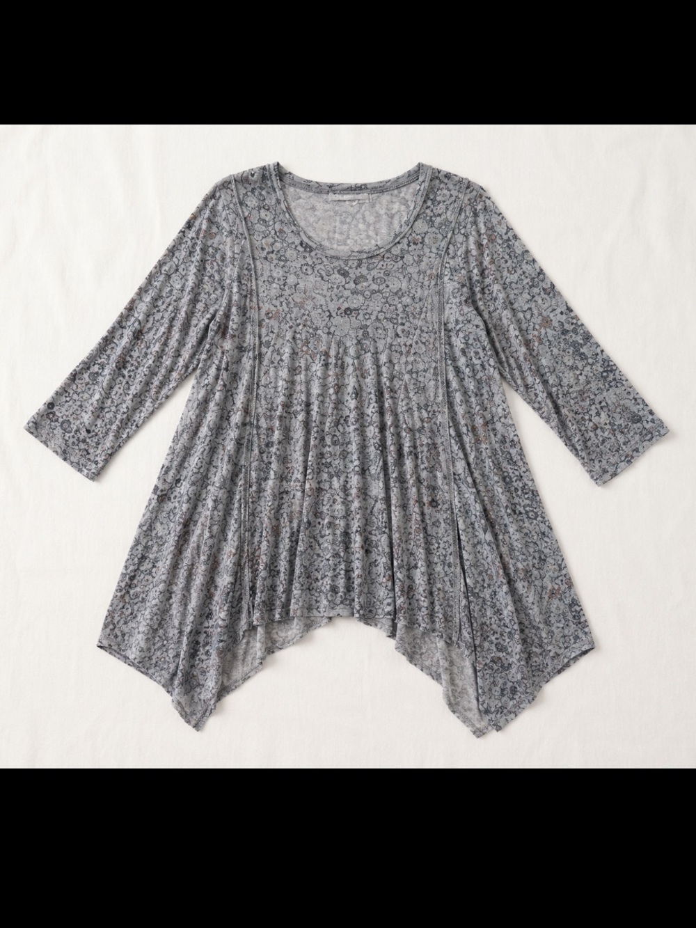 Grizas 100% Linen Tunic Top Gray Floral Asymmetrical Hem Lagenlook 14/40